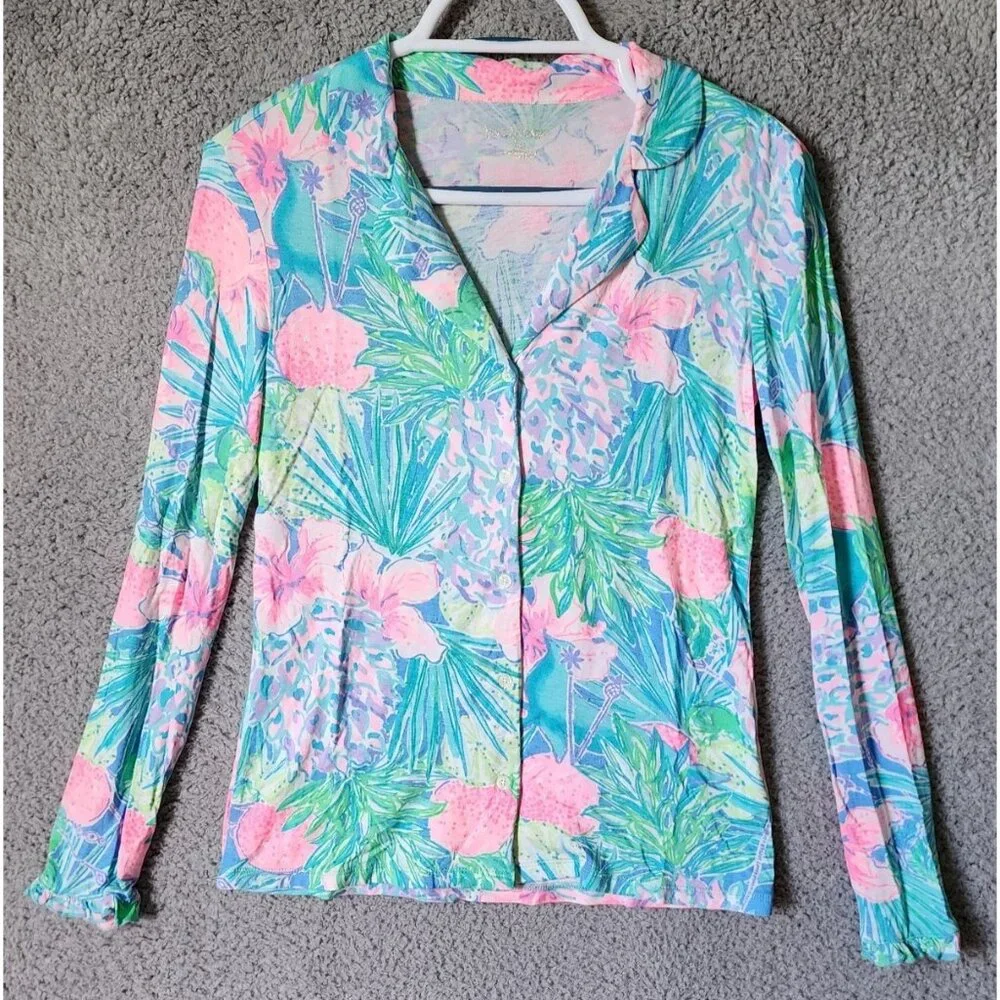 Lilly Pulitzer Women's Sz XXS‎ Long Ruffle Sleeve Button Front Pajama Top Floral